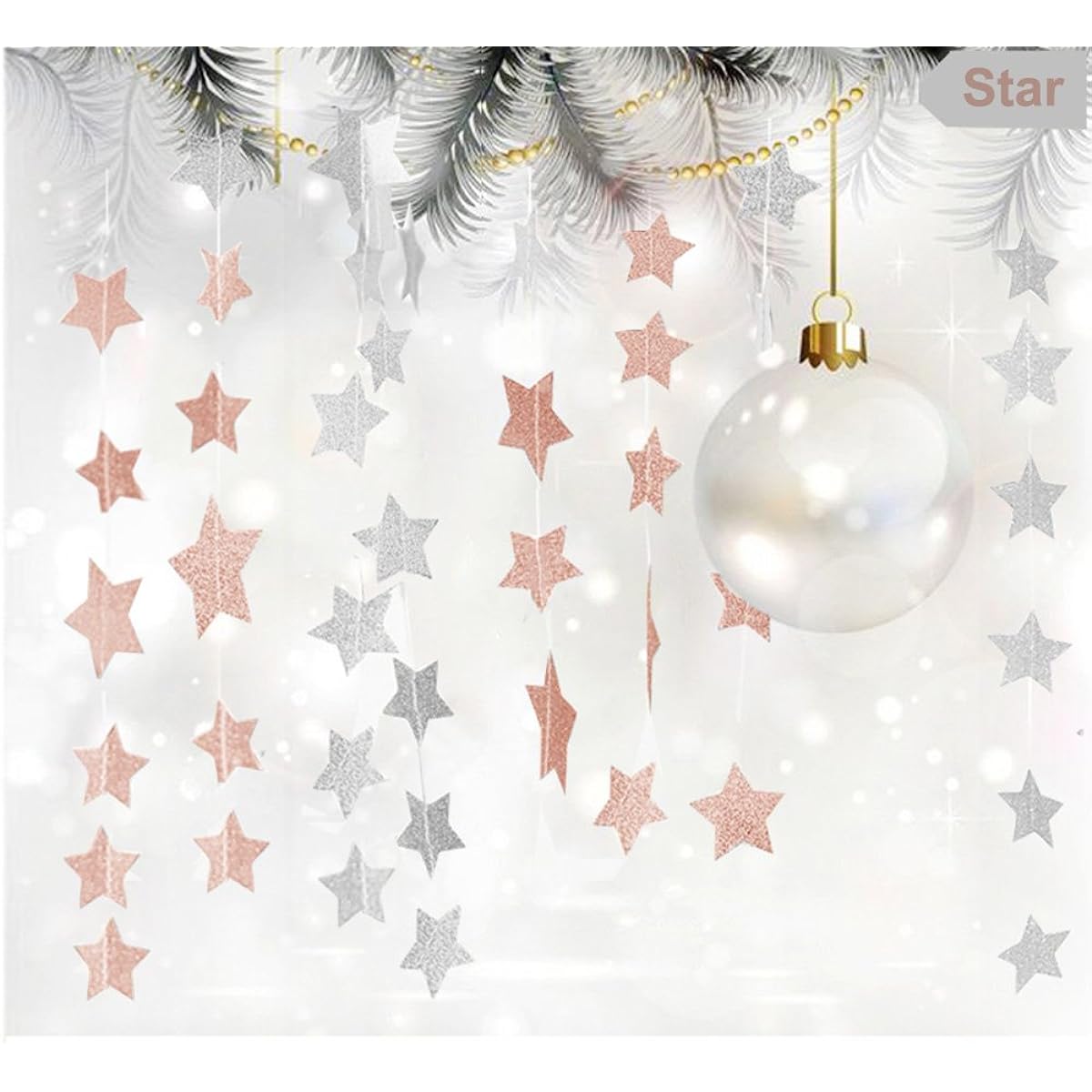 (2.8" (7cm), Glitter Pink Champagne) - Glitter Pink Champagne Twinkle Star Hanging Garland - Sparkly Paper Five-pointed Bunting Banner String for Birthday Home Decoration, Wedding Photo Booth Props, 7.1cm , Totally 23 ft/7m
