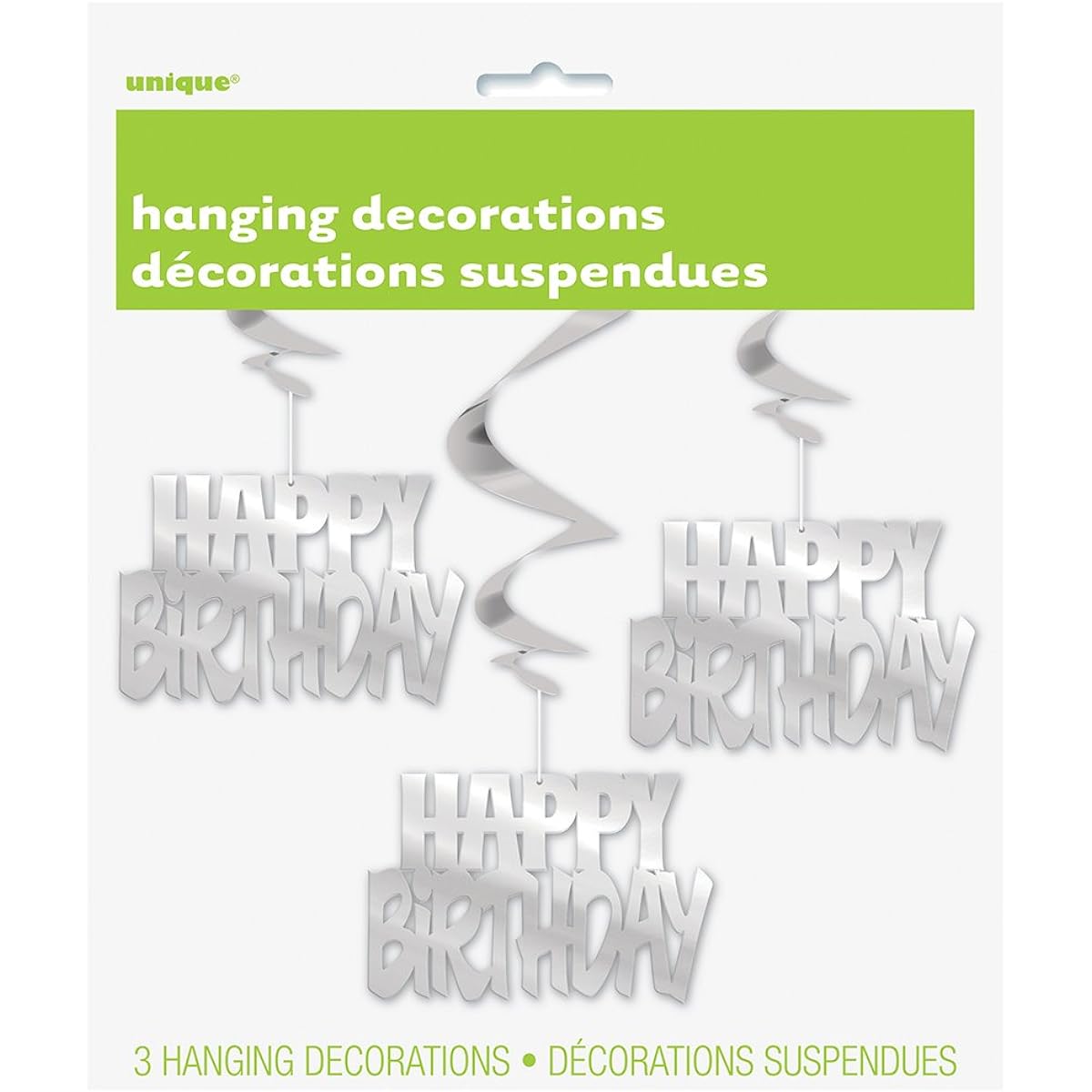 Hanging Swirl Silver Happy Birthday Decorations, Pack of 3