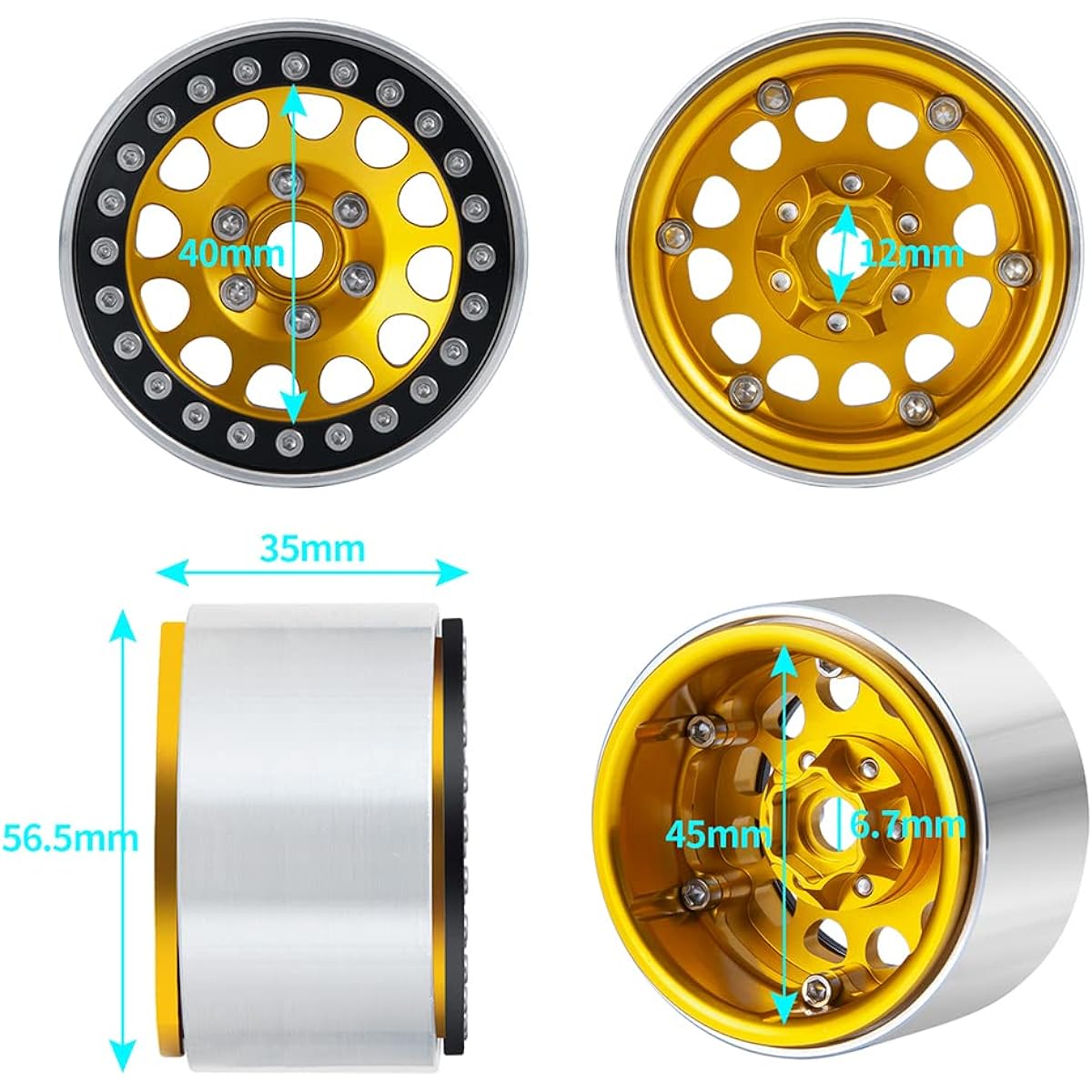 RCLIONS Aluminum 1.9" Beadlock Wheel Rim Width 35mm Upgrade Axial SCX10 SCX10 II AXI90046 SCX10 III TRX4 1/10th RC Crawler Car Parts (Gold)