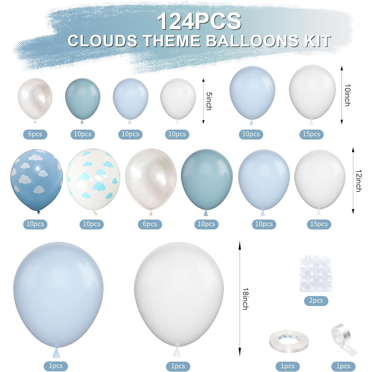 GREMAG Balloon Arch Kit White and Baby Blue 124 Pieces Cloud Balloons White Pastel Blue Icy Mist Blue Clear Cloud Balloons for Baby Shower Kids Birthday Travel Theme Anniversary Wedding Party Decoration