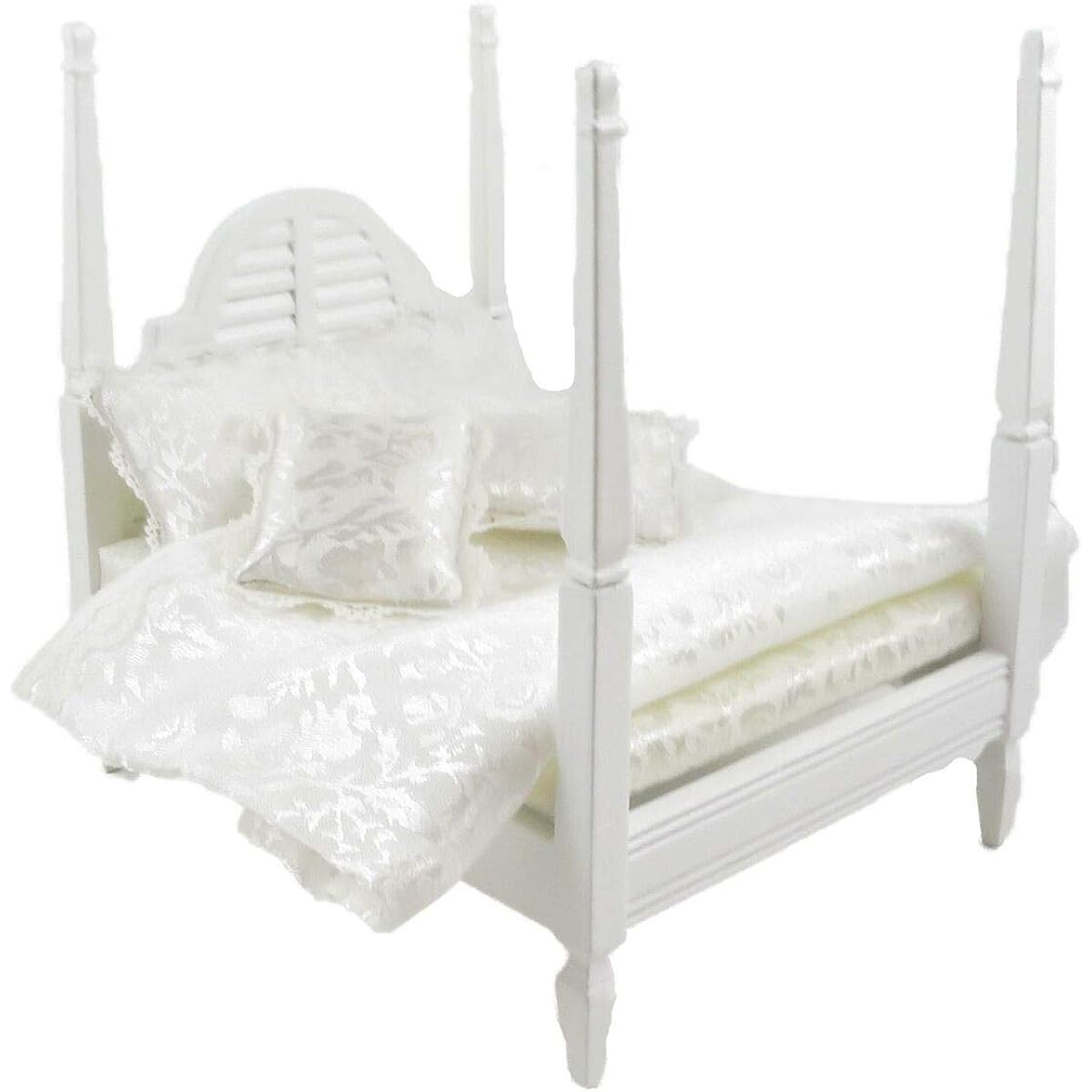 Doll House White 4 Poster Double Bed & Bedding Miniature Bedroom Furniture