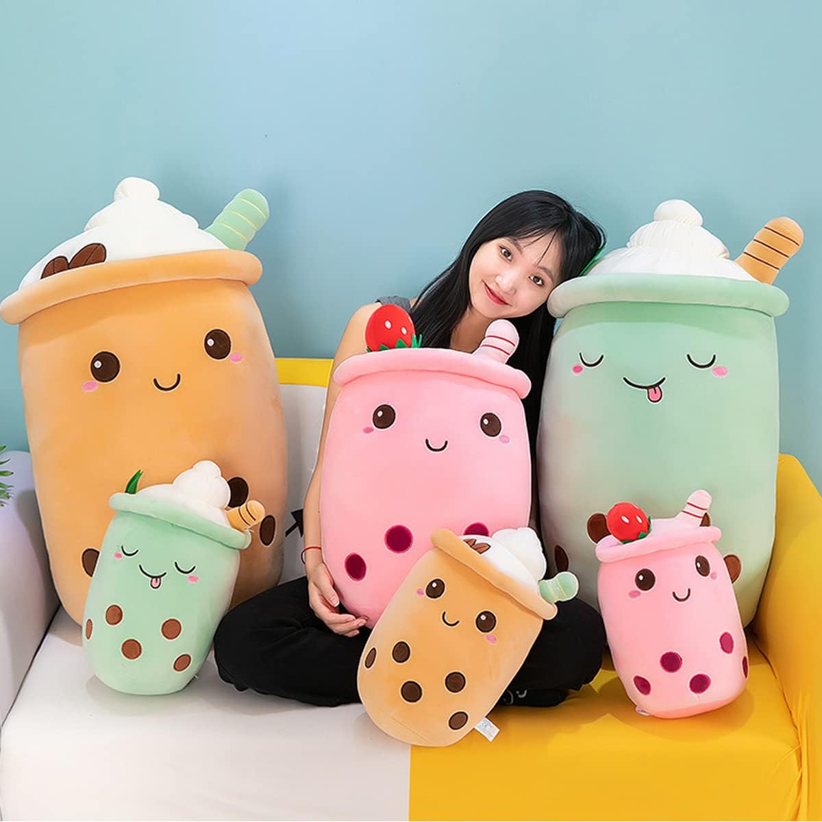 MDXMY Boba Plush Bubble Tea Plush Pillow Soft Cute Pearl Milk Tea Hug Pillow (Pink Cream 13.7 Inch)