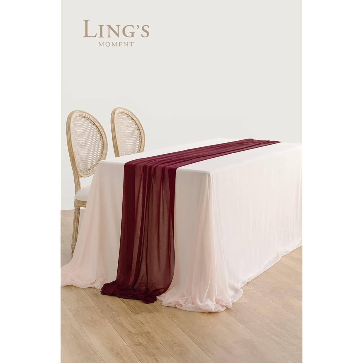 50% Transparent Tablecloth & Table Runner Set, 4ft Rectangular Table Chiffon-Like Tablecloth, Blush & Burgundy for Wedding Reception Head/Sweetheart Table Shower Party