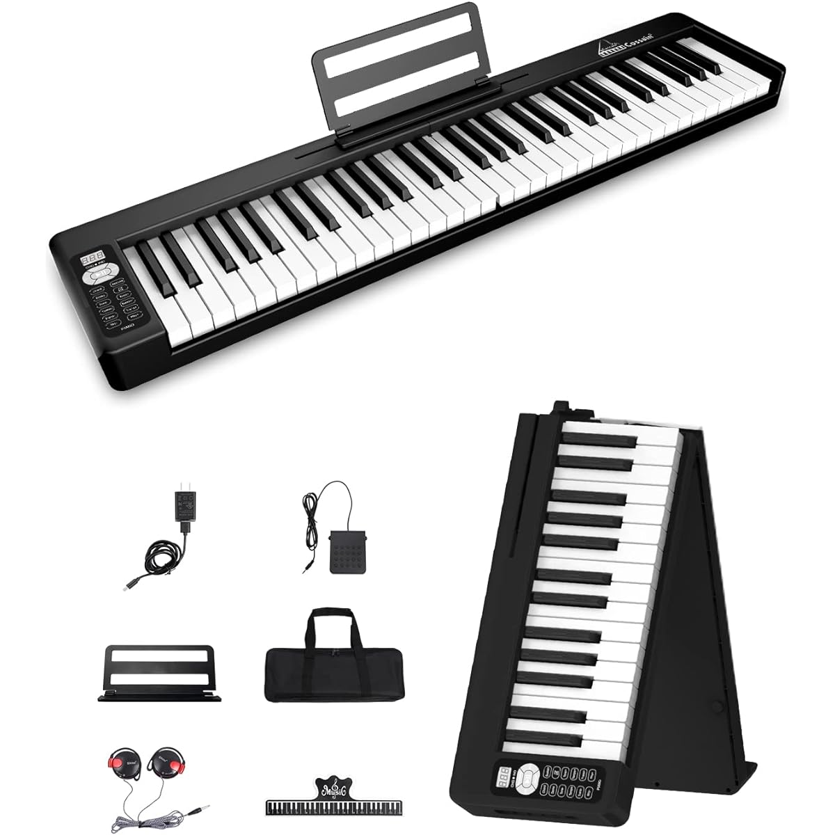 Digital piano, black, foldable, 61 keys, 128 tones, earphones, speakers, external, with feet, compact mini size, lightweight, for beginners, portable