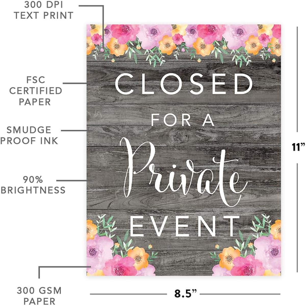 Andaz Press Wedding Party Signs Rustic Gray Wood Pink Floral Flowers 8.5x11 inches for Private Events 1 Pack Unframed