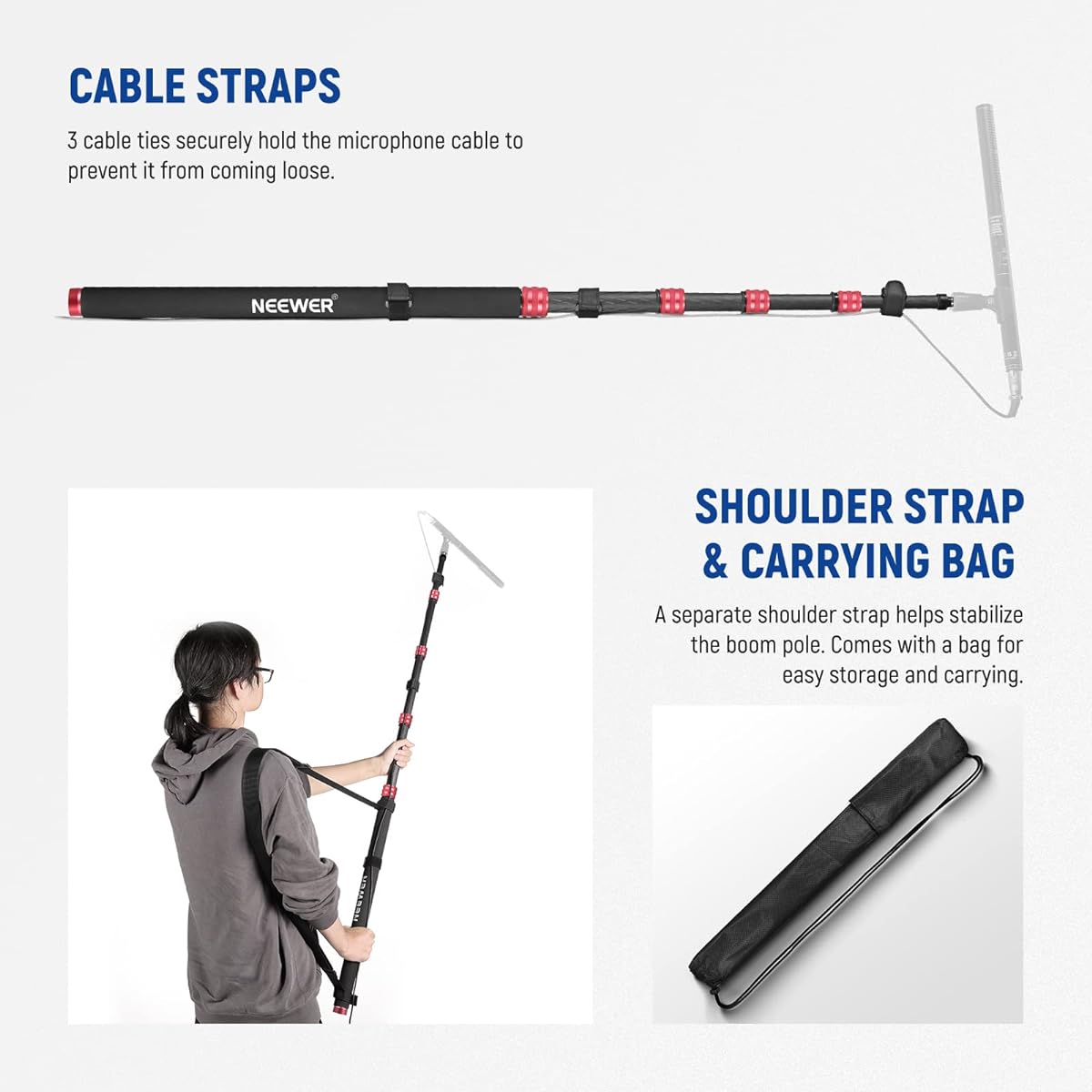 NEEWER New Edition Microphone Boom Pole 9.8ft/300cm Telescoping Carbon Fiber Microphone Boom Arm 5 Sections 1/4" 3/8" 5/8" Screw Adapter Cable Strap Shoulder Strap Storage Bag MS-300CR (Red)