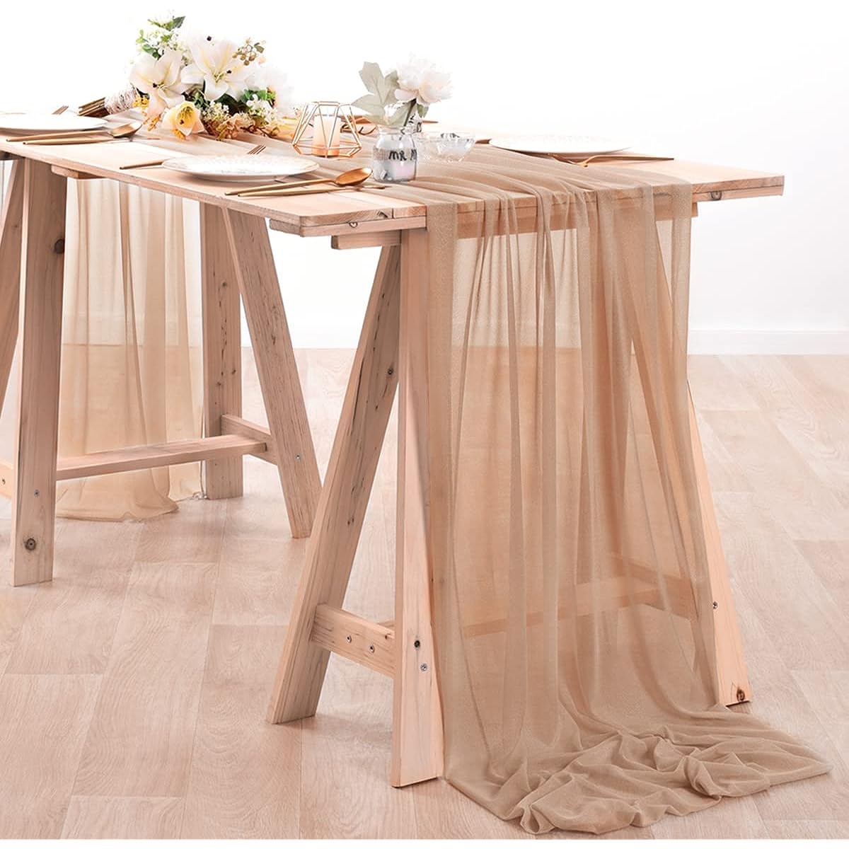MLMC 10ft Nude Shimmer Chiffon-Like Table Runner, 29x121inch Sheer Gauze Table Runner for Wedding, Baby Shower, Event Decoration