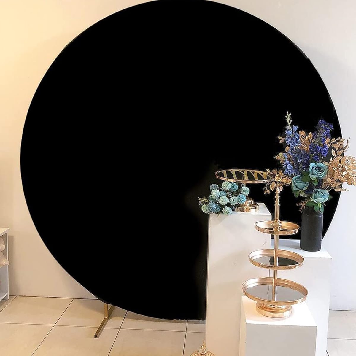 Black Round Backdrop Cover 7ft Wedding Arch Circle Background with 2 Clips Polyester Fabric for Birthday/Baby Shower/Gender Reveal Party Decorations/Photo Shoot Background