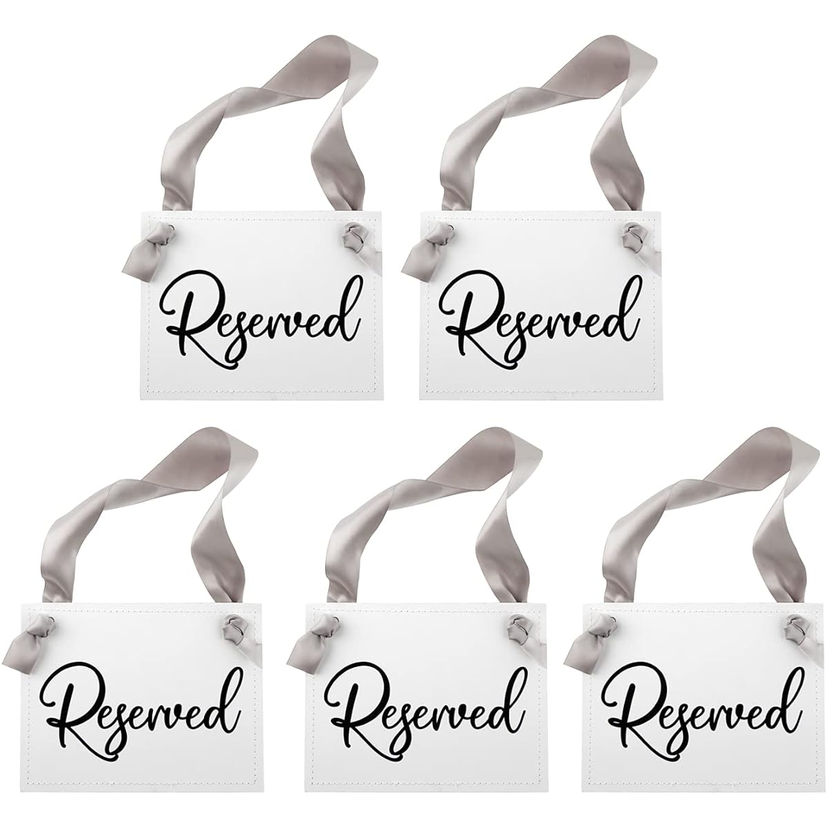 CHOIEO 5 Pieces Reserved Signs for Wedding Chair Tables for Wedding/Church/Party/Event Decoration - White Premium Card Stock with Gray Ribbon (Black)
