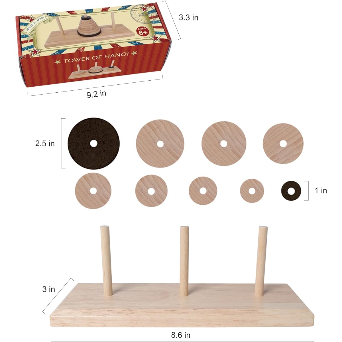 Gothink Wooden 9-Story Tower of Hanoi Logic Puzzle Brain Teaser Intellectual Toy for Kids and Adults