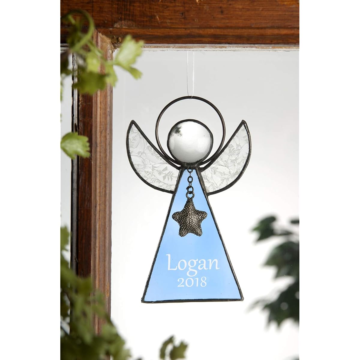Personalized Engraved Angel Ornament Blue Stained Glass Window Sun Catcher Baby's First Christmas Tree Decoration Holiday Decor Memorial Commemoration Sympathy Gift J Devlin ORN 215-3 EO103