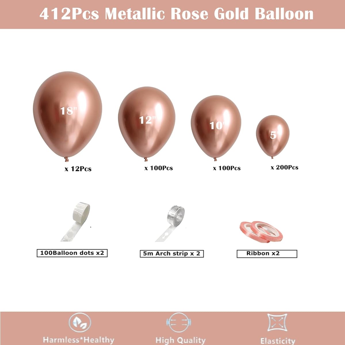 Metallic Rose Gold Balloon Garland Arch Kit 412pcs 18 12 10 5 inch Different Size Latex Chrome Balloons for Baby Shower Birthday Graduation Wedding Anniversary Party Decorations