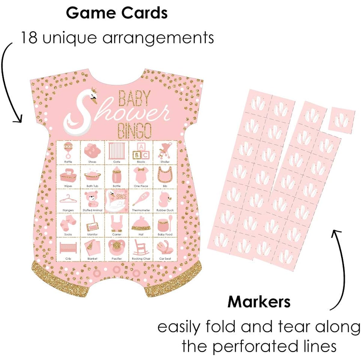 Big Dot of Happiness Swan Soiree - Picture Bingo Cards and Markers - White Swan Baby Shower Type Bingo Game - Set of 18