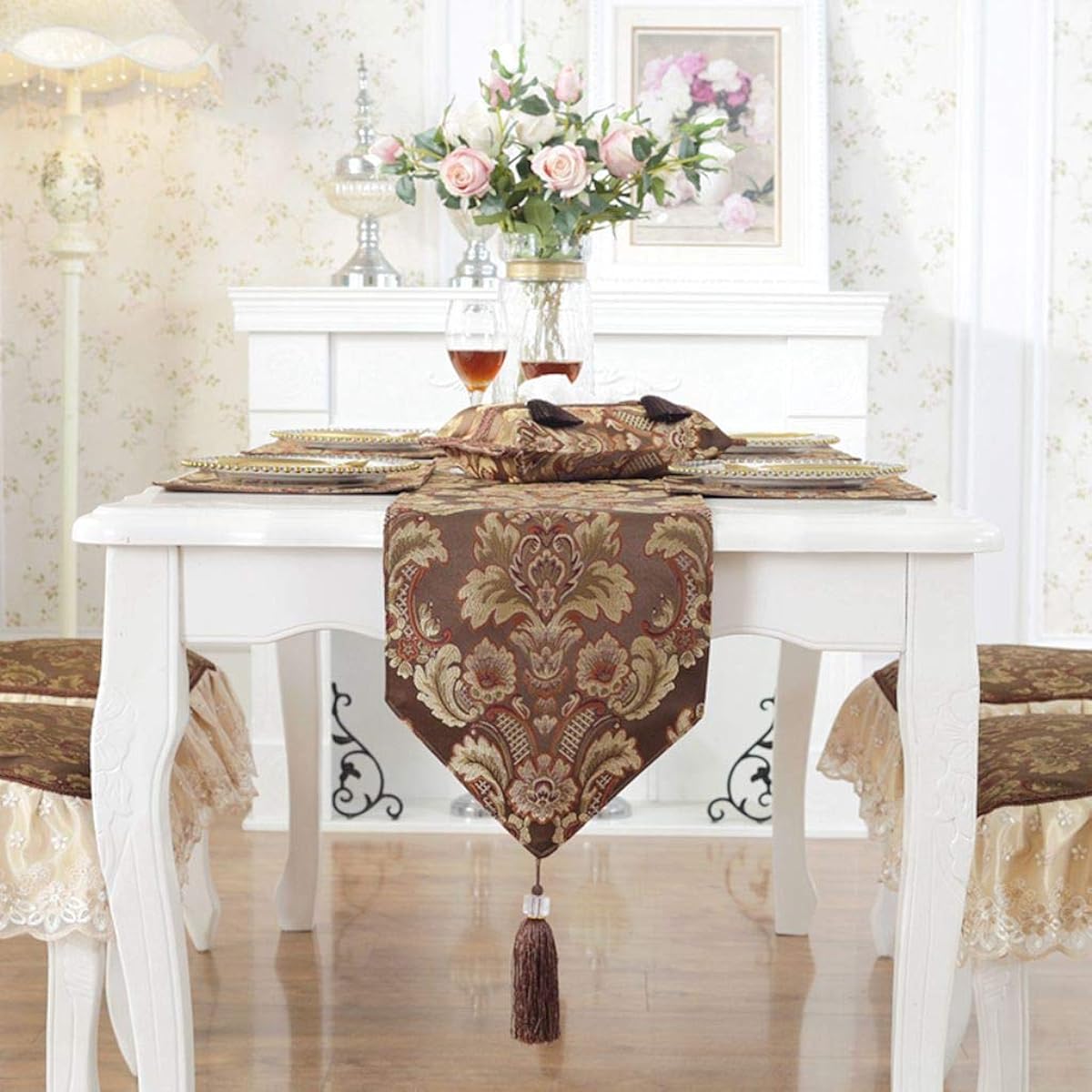 CIEOVO Wedding Elegant Tassel Damask Floral Damask Table Runner Dresser Scarf with Tassel Table Runner Brown 13"x88.98" Brown table runner3
