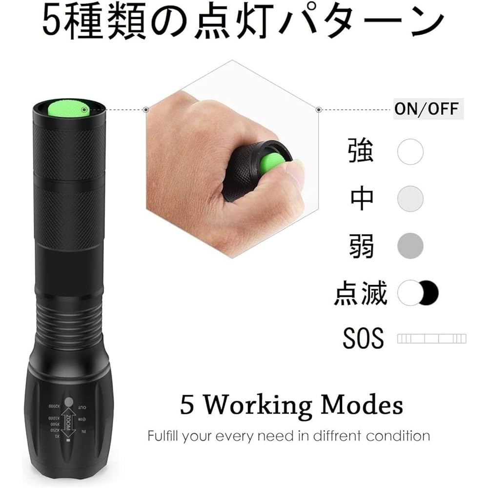 Digital Land DL-YU219 Maximum Irradiation Distance 300M Strong Irradiation Splashproof LED Zoom Light Set of 3 Black