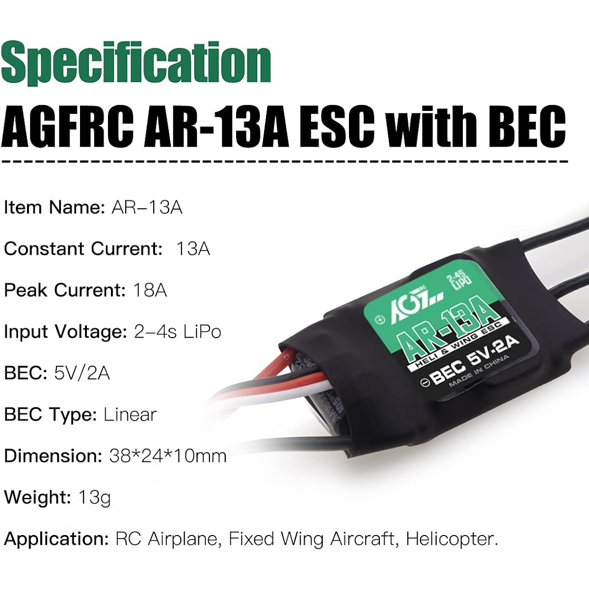 AGFRC 13A RC ESC Athlon Run Brushless Electronic Speed Controller 2-4S LiPo 5V/2A BEC for Helicopter Fixed Wing Plane