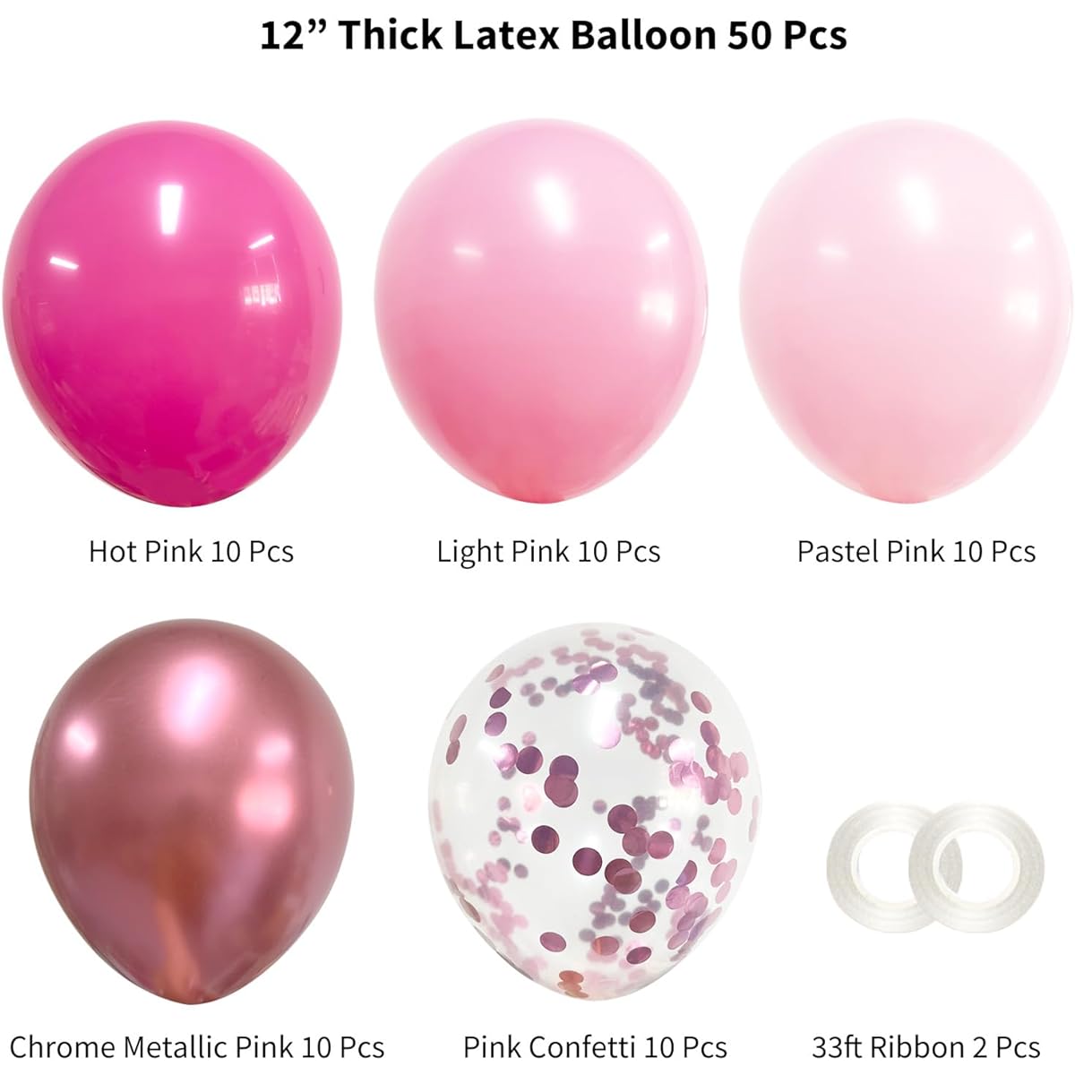 ANSOMO Pink Latex Balloons Party Decorations 12inch 50pcs Matte Pastel Confetti Metallic Chrome Blush Ribbon for Wedding Birthday Bridal Baby Shower Graduation Bachelorette Decorations for Girls Women