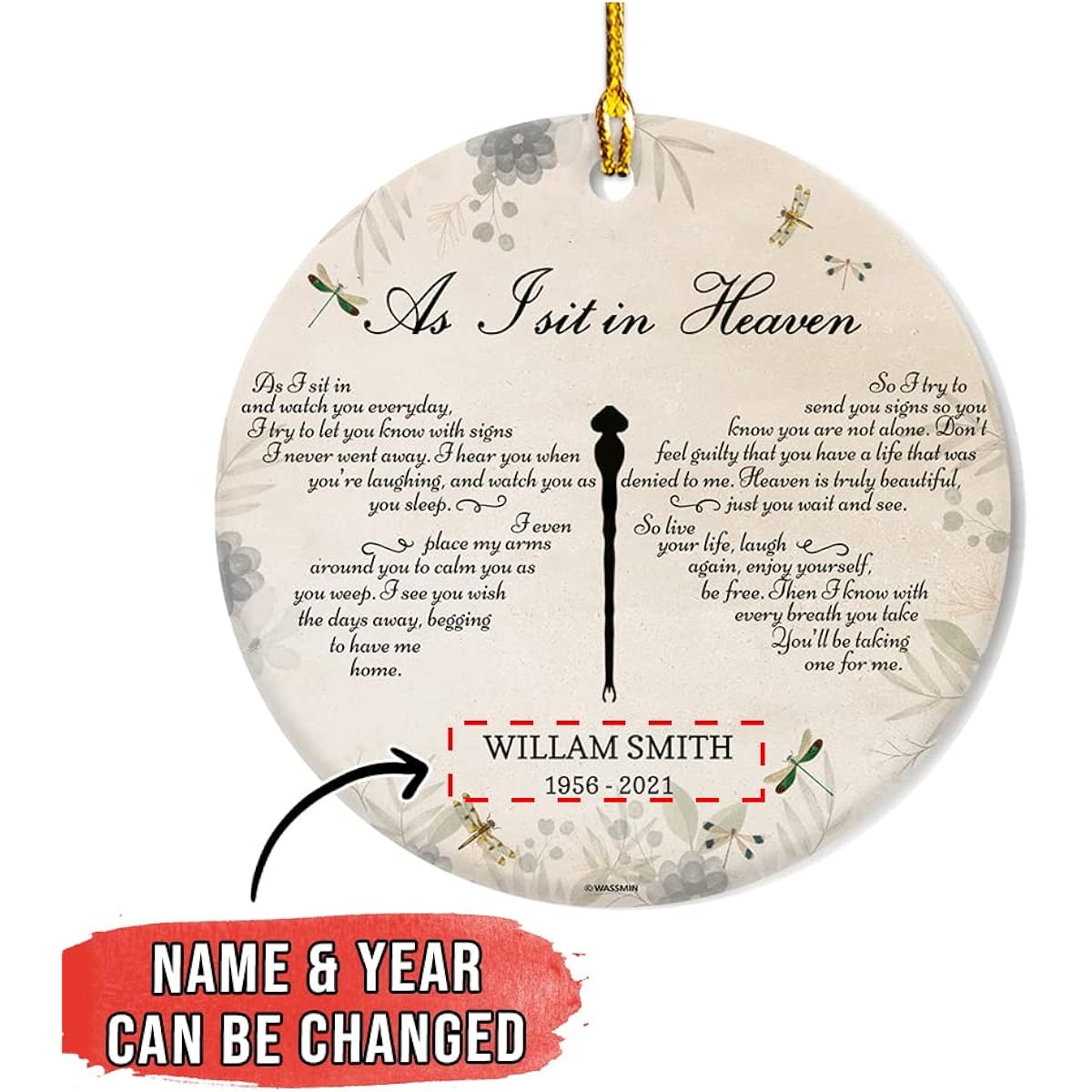 Wassmin Personalized Memorial Ornament I Sit in Heaven Christmas in Heaven Acrylic Plastic Ornament Custom Name Awakening Remembrance Memorial for Losing a Loved One Memorial Ornament Dragonfly