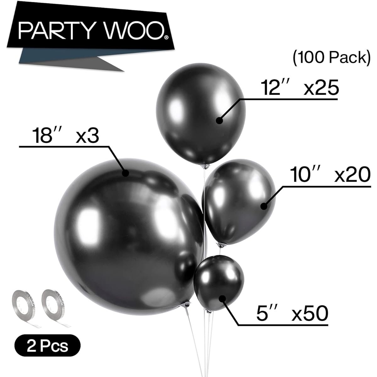 PartyWoo Black Balloon Garland, 100pcs Metallic Black Balloon Garland Kit, 18in, 12in, 10in, 5in Latex Balloons, 20m Ribbon, Black Balloon Arch Kit for Birthday, Retirement, Graduation, Wedding