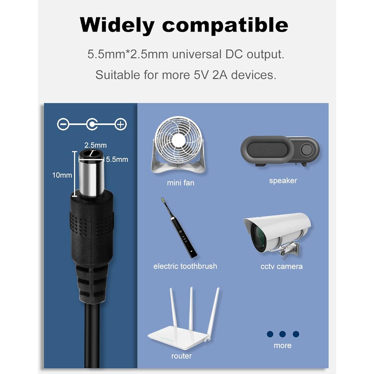 DC Power Supply 5V 2A 2000mA 10W AC Adapter 100-240V AC to DC 5 Volt 2 Amp Power Adapter 5.5mm X 2.5mm with US Plug for LED Strip Light VoIP Android TV Box etc.