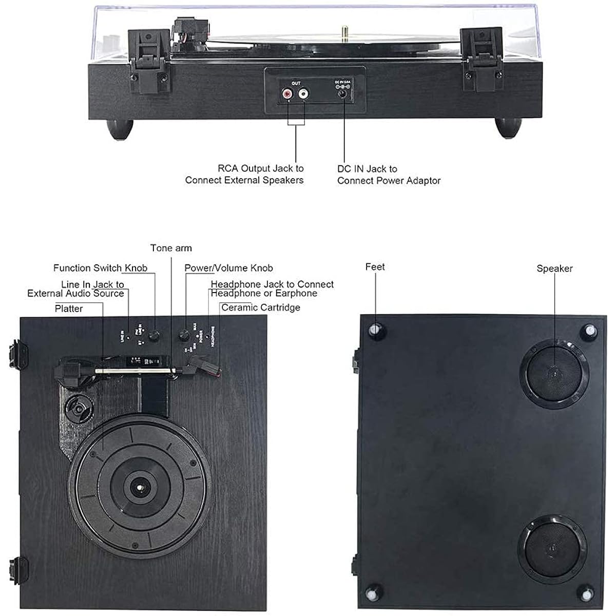 Record Player, Record Player, Vinyl Turntable with 2 Built-in Speakers, 3 Speed Portable Vinyl Player, RCA Output