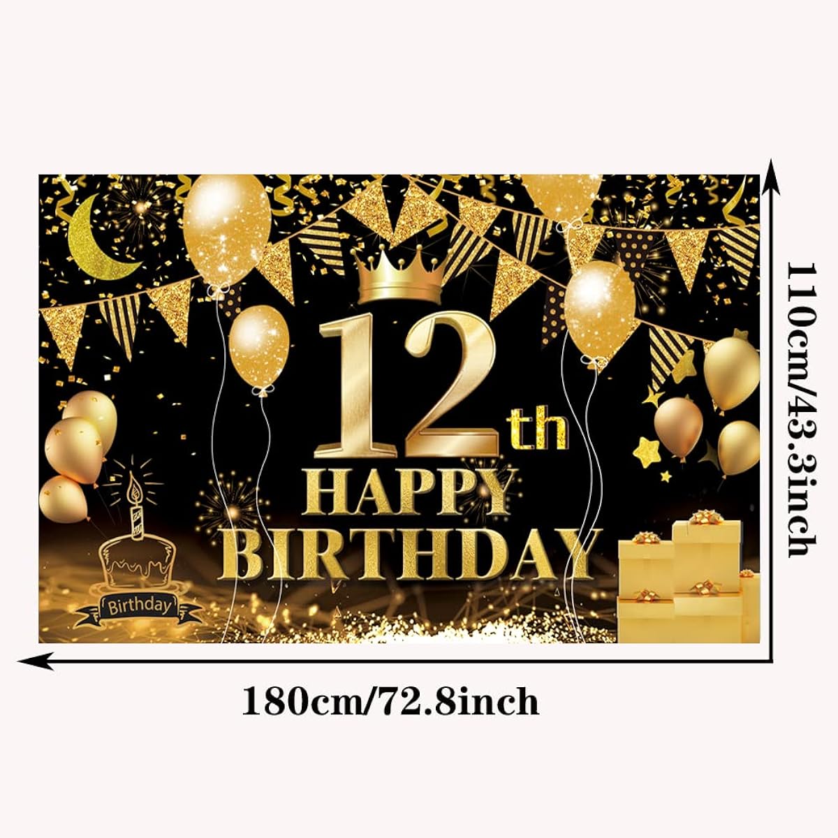 Happy 12th Birthday Backdrop Banner Black Gold 12th Sign Poster 12th Birthday Party Supplies Favors Photo Booth Photography Background Birthday Party Decorations 72.8 x 43.3 Inch