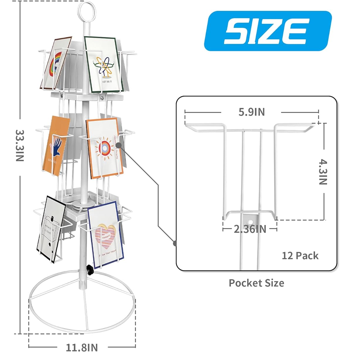 Tongmo Rotating Greeting Card Stand - Enhance Your Display with a 12-Pocket Rotating Countertop Solution for Postcards, Brochures, and Greeting Cards (7" Tall - 12 Pockets, White)
