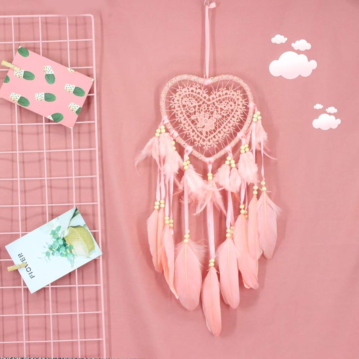 Small Star Dream Catcher LED Handmade Heart Shape Feather Design Dream Catcher Wall Hanging Decoration Home Decoration Festival Gift Pink