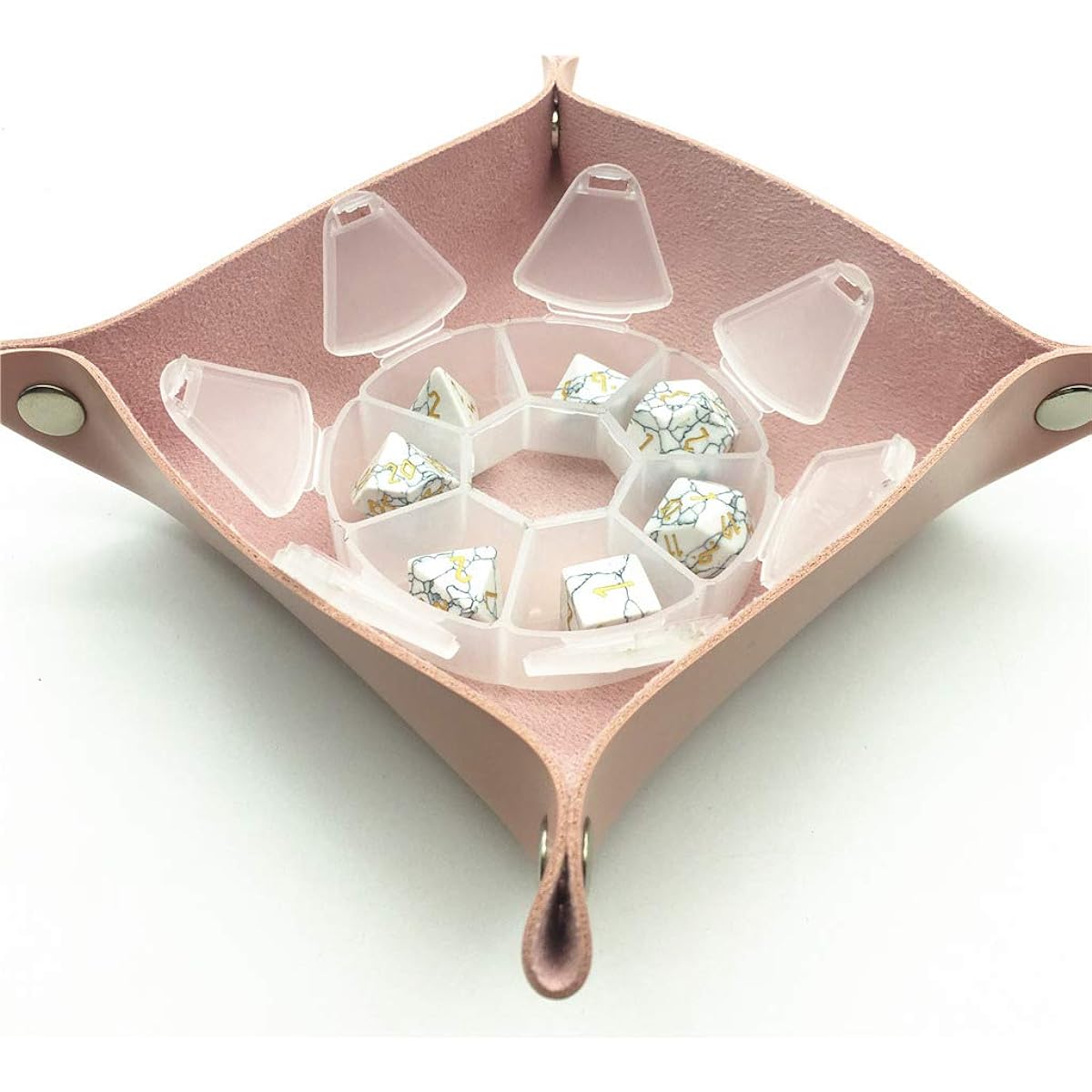 Amatolo Stone Dice Set of 7 Handmade RPG Dice for Dungeons & Dragons Made from Natural Gemstones with Pink Tray (B10 White Turquoise)