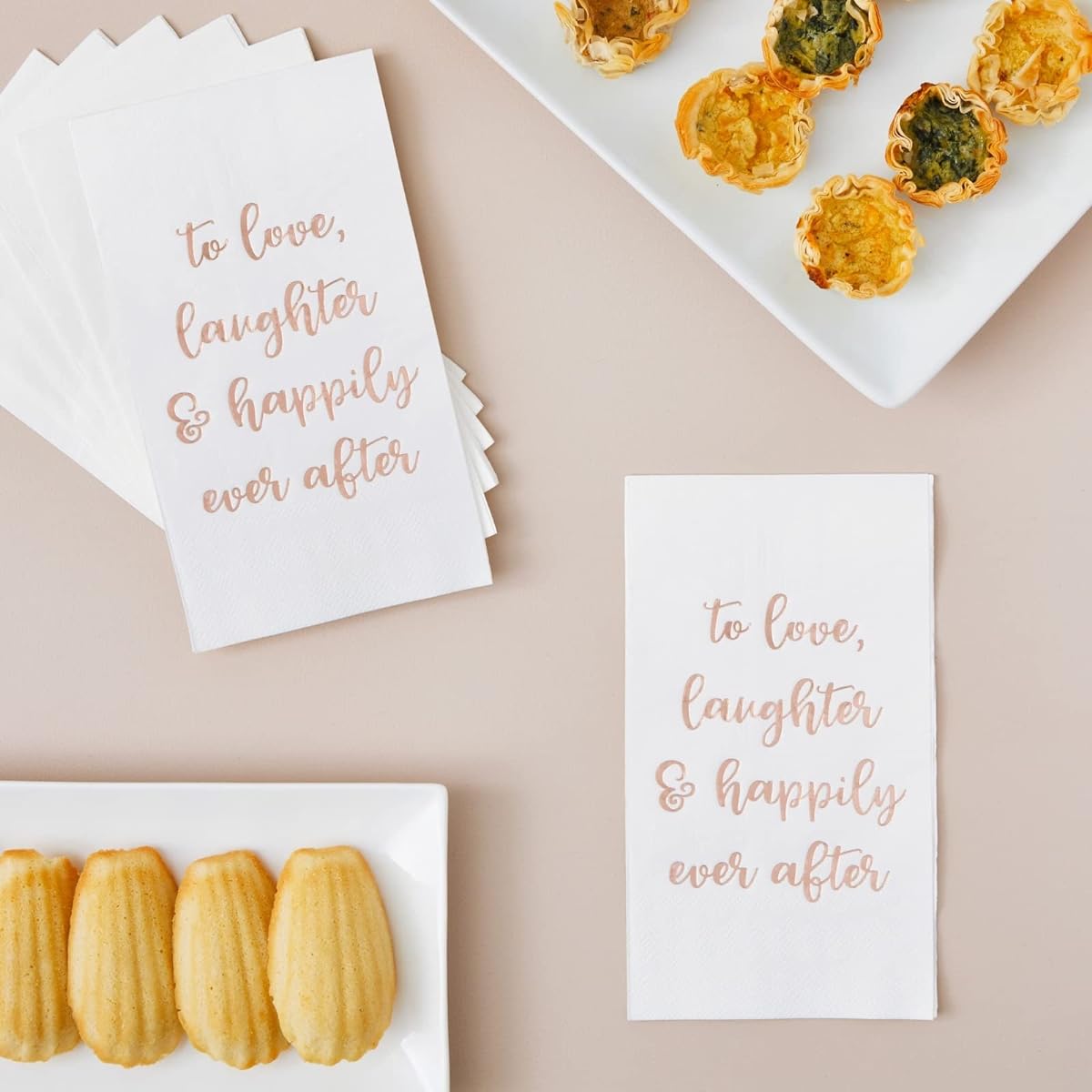 Pack of 100 Wedding Napkins with Gold Foil Lettering To Love Laughter and Happily Ever After, White, 4 x 8 Inches