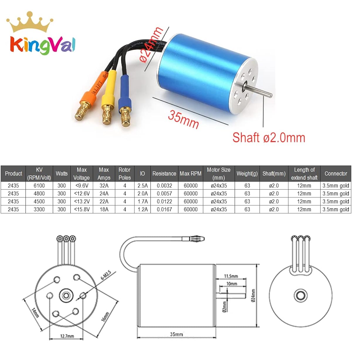 KingVal Replacement 2435 4800KV Sensorless Brushless Motor Shaft 2.0mm 25A Brushless ESC Compatible with 1/16 1/18 RC Car