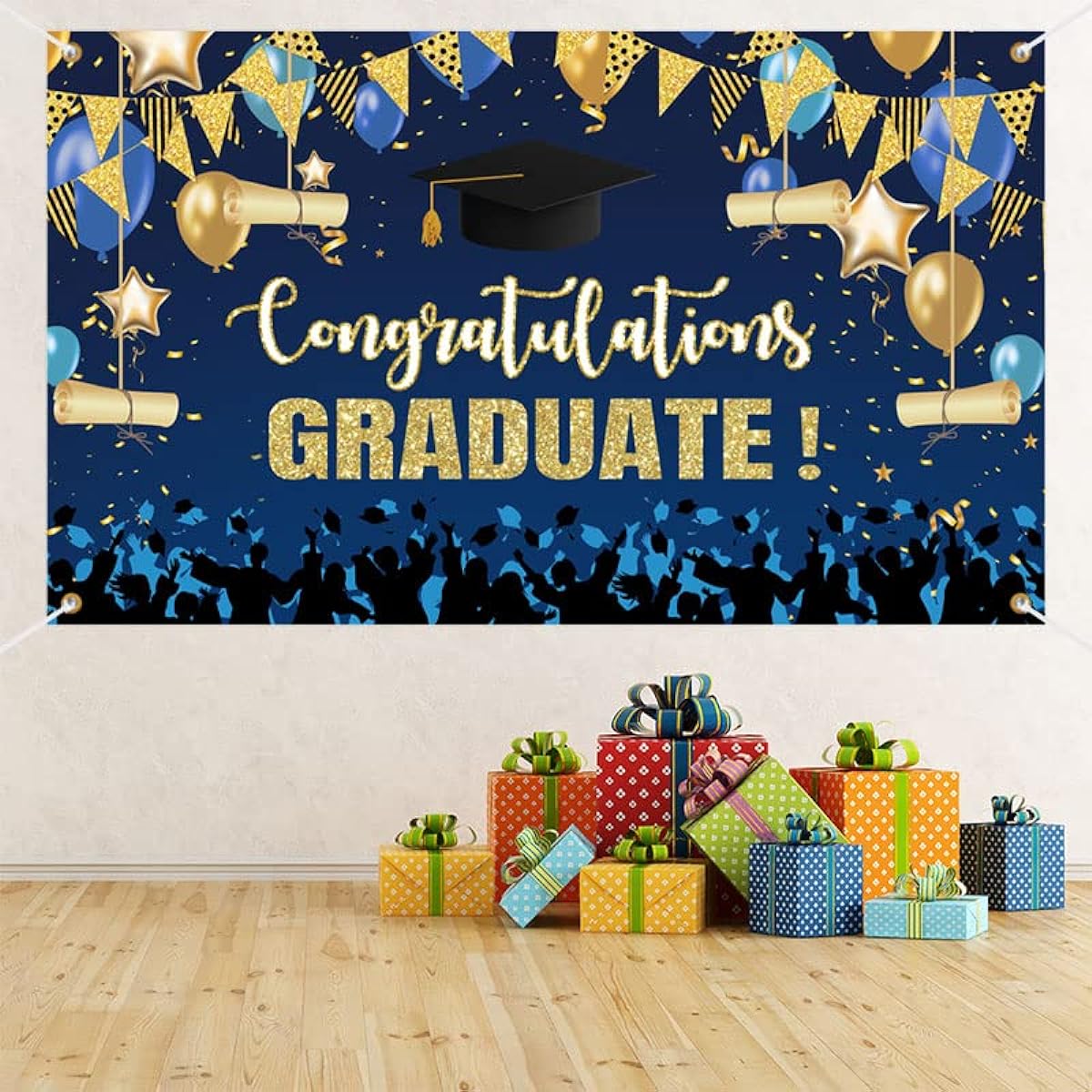 Lofaris Graduation 2023 Banner Blue and Gold Background Graduation Party Supplies Decorations Photo Shoot Class Celebration Photo Booth Props for Outdoor Indoor 72.8x43.3inch
