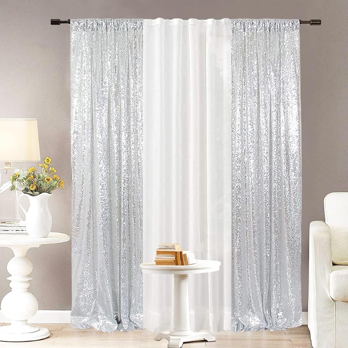 Eternal Beauty Silver Sequin Backdrop Curtains for Wedding Party Decorations,Sequin Christmas Backdrop Curtains (2 Pack, 2 x 8 Feet, Silver)