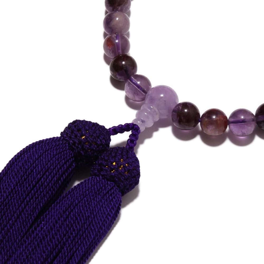 Prayer beads <Made in Japan> Women's high-quality natural stone Root Amethyst with Fujigumo stone Pure silk tassel (tassel color purple) Made in Japan Comes with a prayer bead bag Handmade Prayer beads Can be used by all sects [A long-established prayer