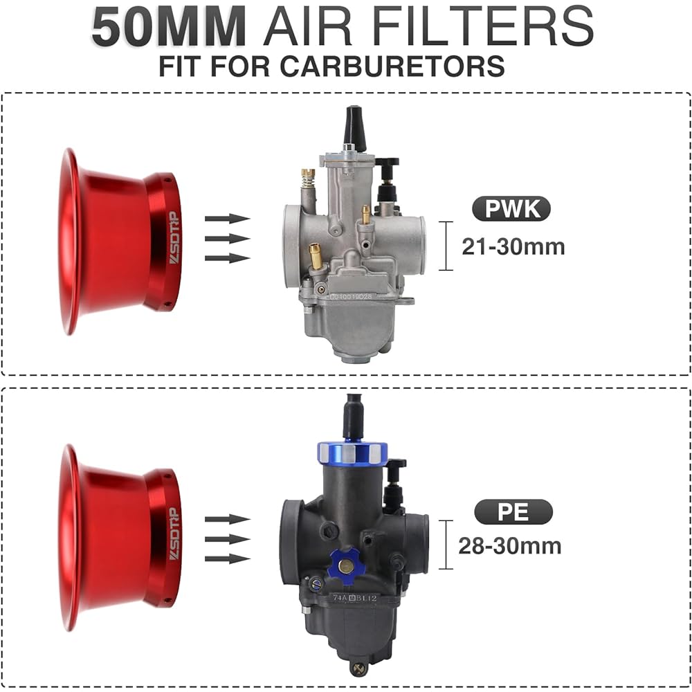 2Pcs Air Filter Wind Cup Universal Motorcycle High Performance Replacement 50mm Air Filter PWK PE Carburetor Pit Bike Honda Yamaha Suzuki Kawasaki KTM ATV SSR TTR Dirt Bike Mini Bike (Red 50mm)