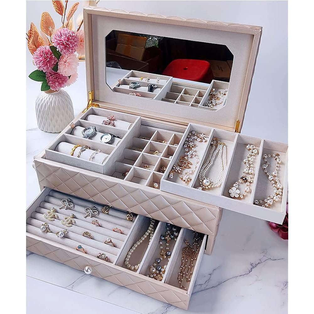 SANSREPONSE Jewelry Box Wooden Large Capacity Luxurious Accessory Case Storage Box Jewelry Box Drawer Tray with Mirror Earrings Necklace Ring Holder (Light Gold)