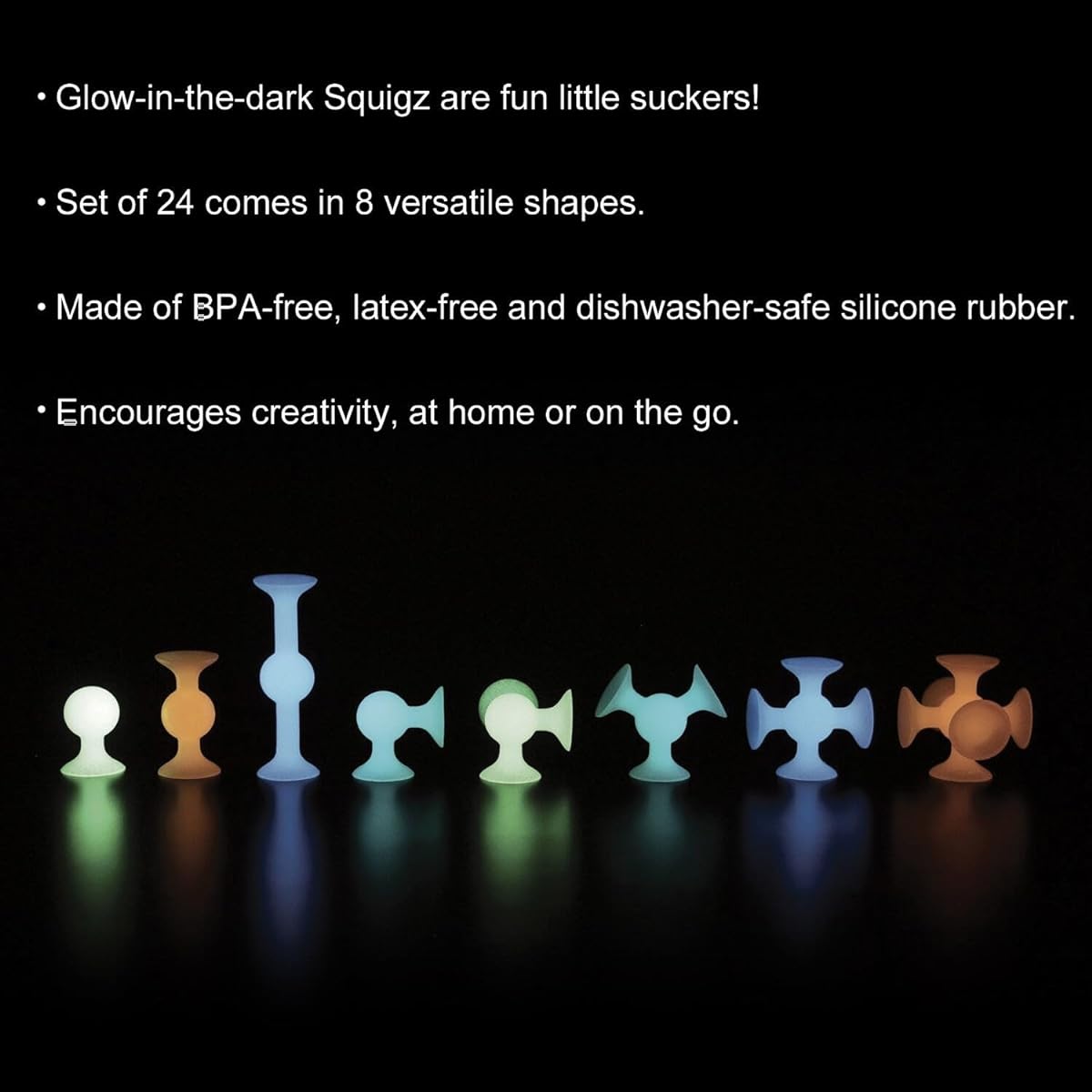 Fat Brain Toys Glow in the Dark Squig Set – 24 Piece Suction Cup Toys BPA Free Silicone Sensory Toy for Girls and Boys