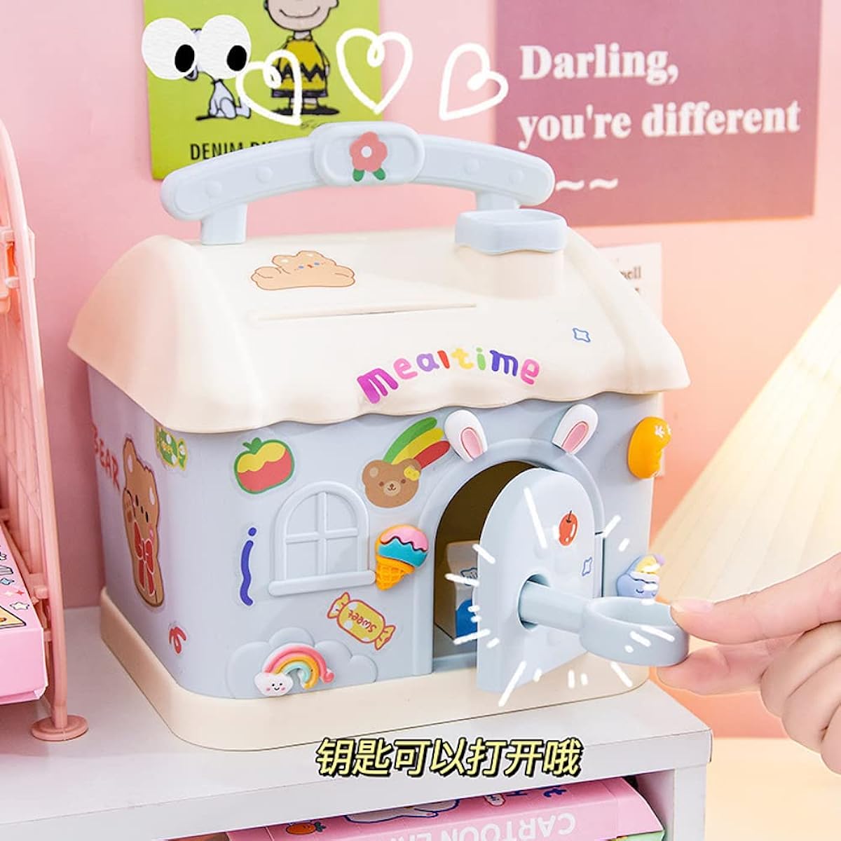 Cute Piggy Bank with Stickers and Patches, Cute Piggy Bank for Bills and Coins, Cute Cream House Gadgets Storage Box for School Girls Teens, Large Capacity with Lock (Blue)