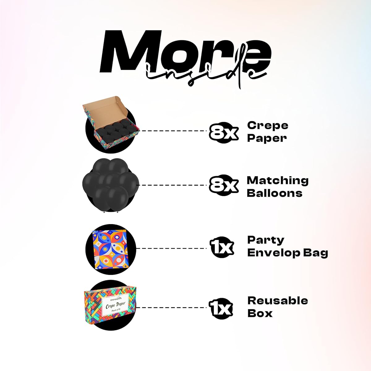 Crepe Paper Streamers (622ft x 1.8in) - 8 Rolls & 8 Balloons - Black Streamers for Birthday Party Decorations, Backdrops, Arts & Crafts