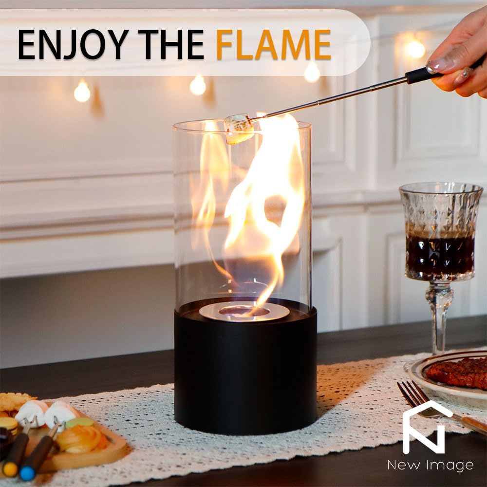 NEWIMAGE Bioethanol Fireplace - Portable Fire Pit Height 26cm Clean Burning Metal & Heat Resistant Glass Indoor/Outdoor Birthday/Moving/Housewarming Gift (Black)
