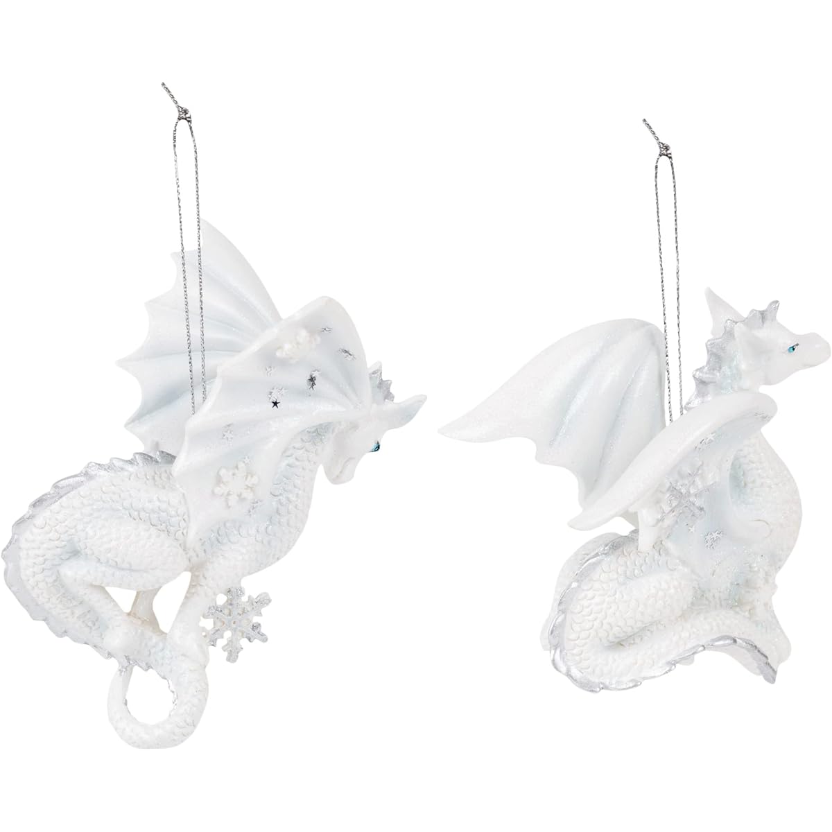 Set of 2 Silver and White Snowflake Dragon Ornaments Christmas