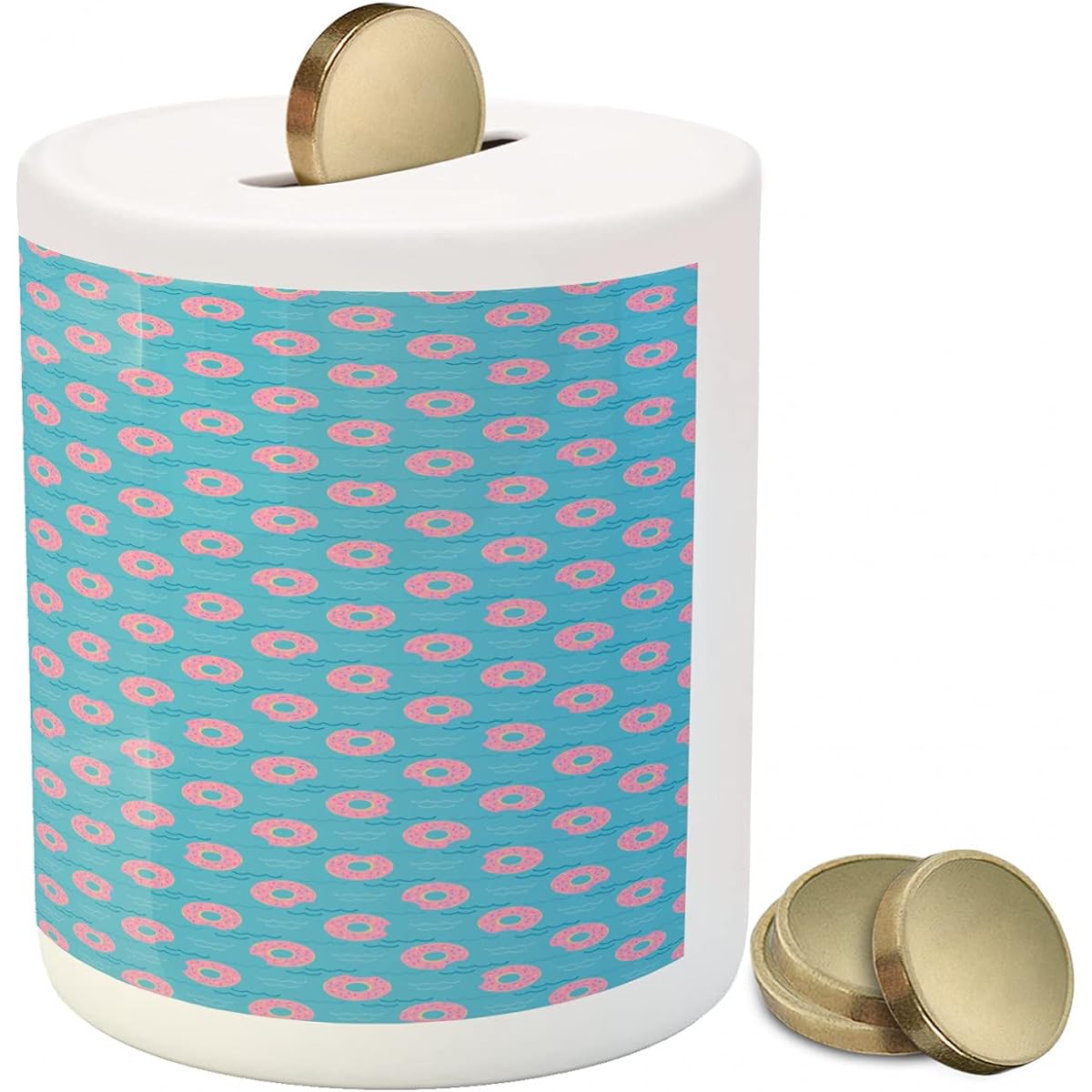 Lunarable Donut Piggy Bank Round Bakery Cake Summer Holiday Pool Party Vacation Theme Ceramic Coin Bank Money Box for Saving Cash 3.6" x 3.2", Pink and Pale Azure Blue