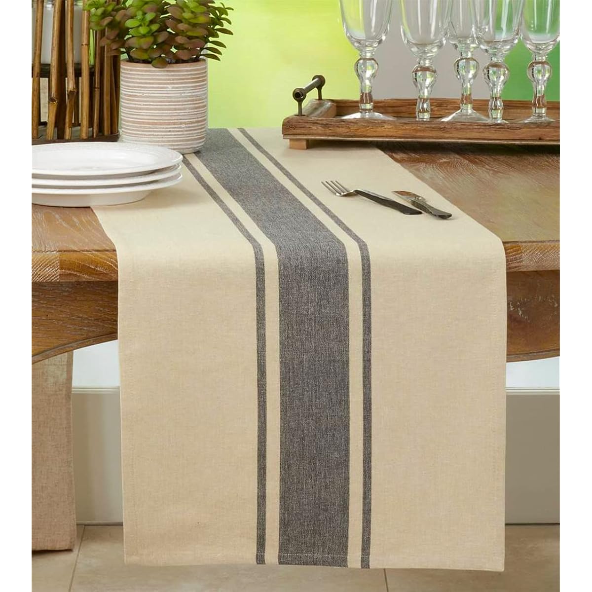 (41cm x 180cm Runner) - Fennco Styles Classic Banded Stripe Pattern Cotton Table Runner - 41cm x 180cm