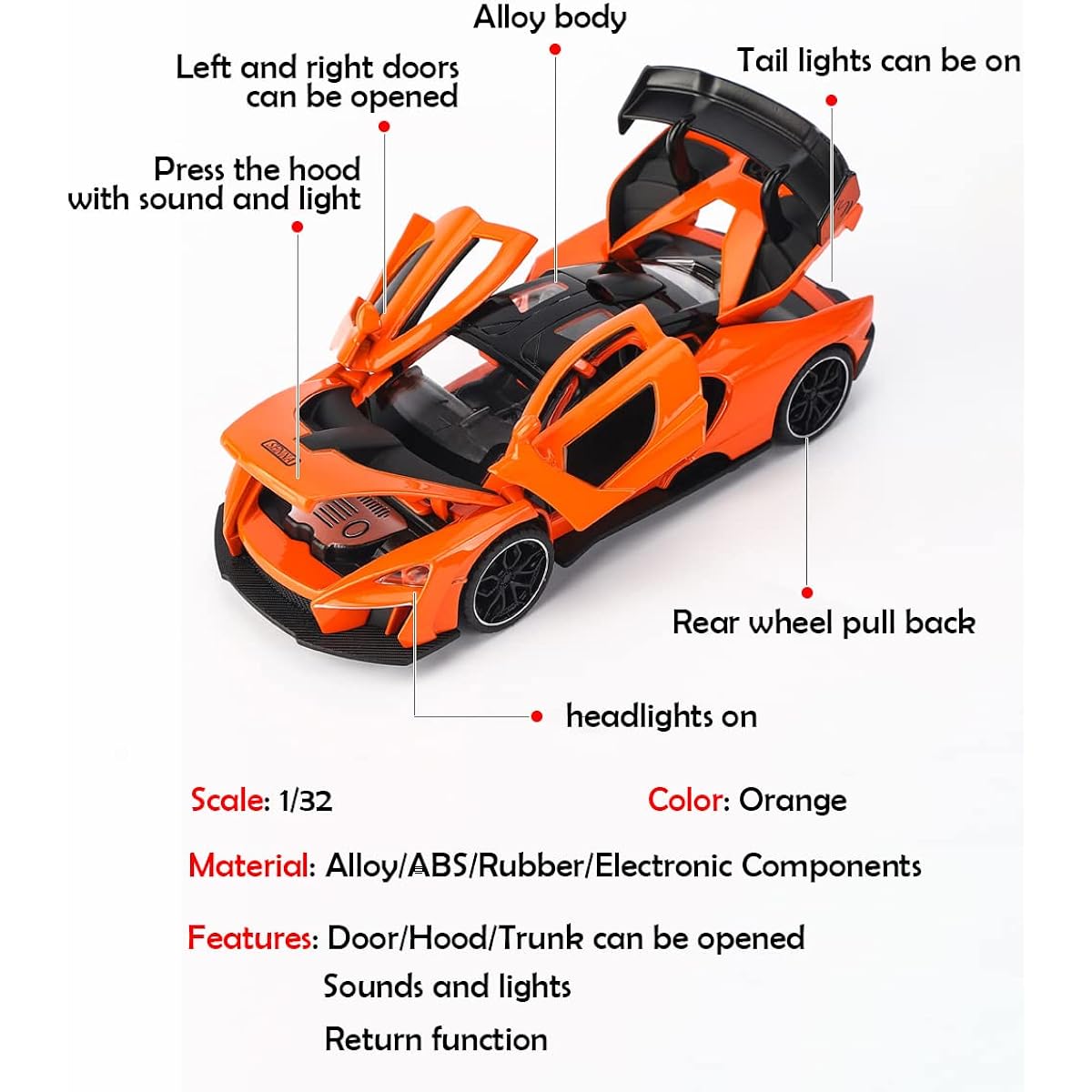 Alloy Collectible Orange McLaren Senna Toy Vehicle Pull Back Diecast Car with Lights and Sounds