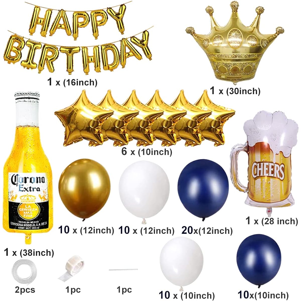 Navy Blue Gold Birthday Party Decorations for Men Happy Birthday Banner Decorations for Men Women Boys Girls Corona Beer Balloon Garland Kit 16th 18th 21st 25th 30th 40th 50th 60th Birthday Party Supplies