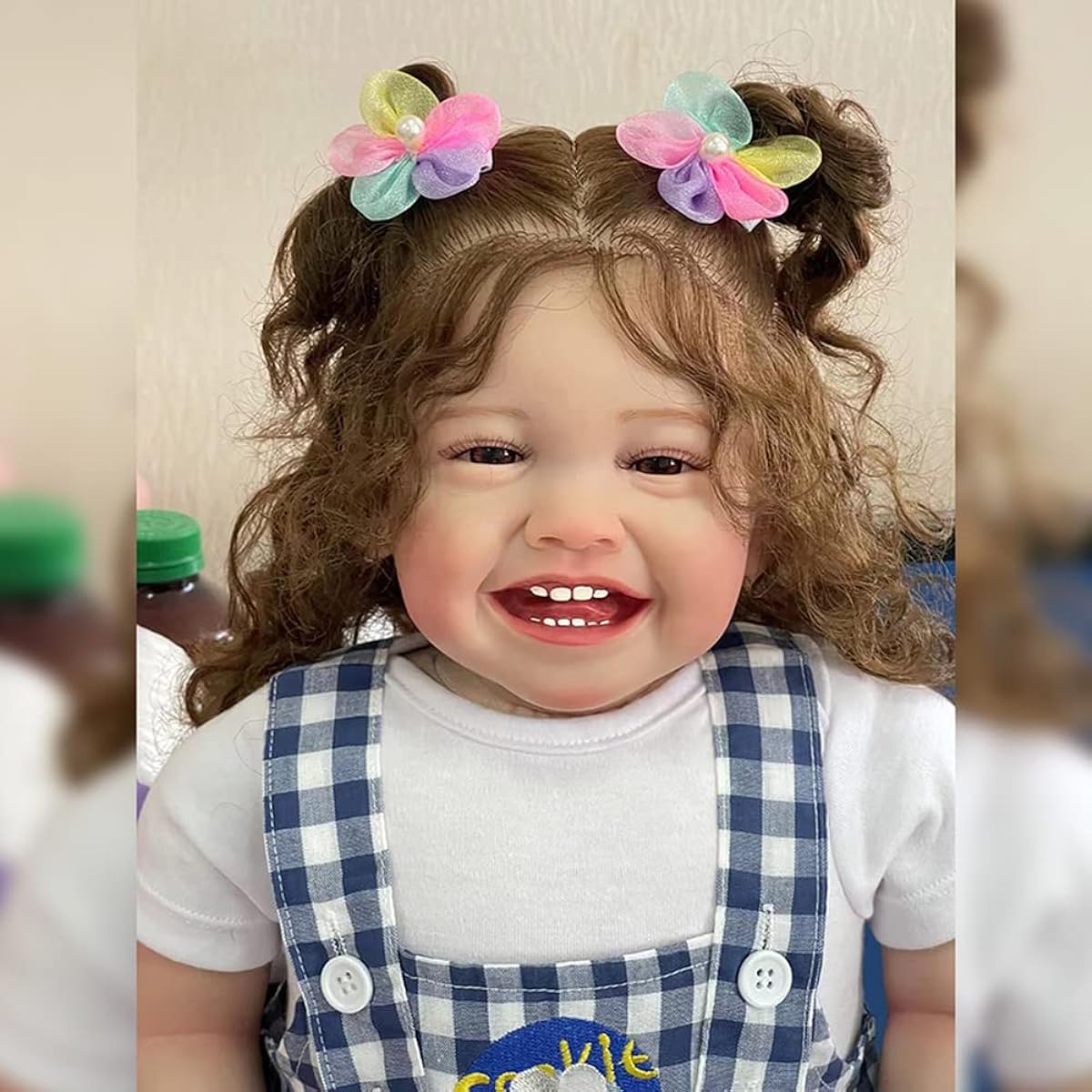 Lonian 24" Reborn Toddler Happy Baby with Rooted Long Hair Lifelike 6 Months Baby Size Collectible Art Doll (Blue Eyes)