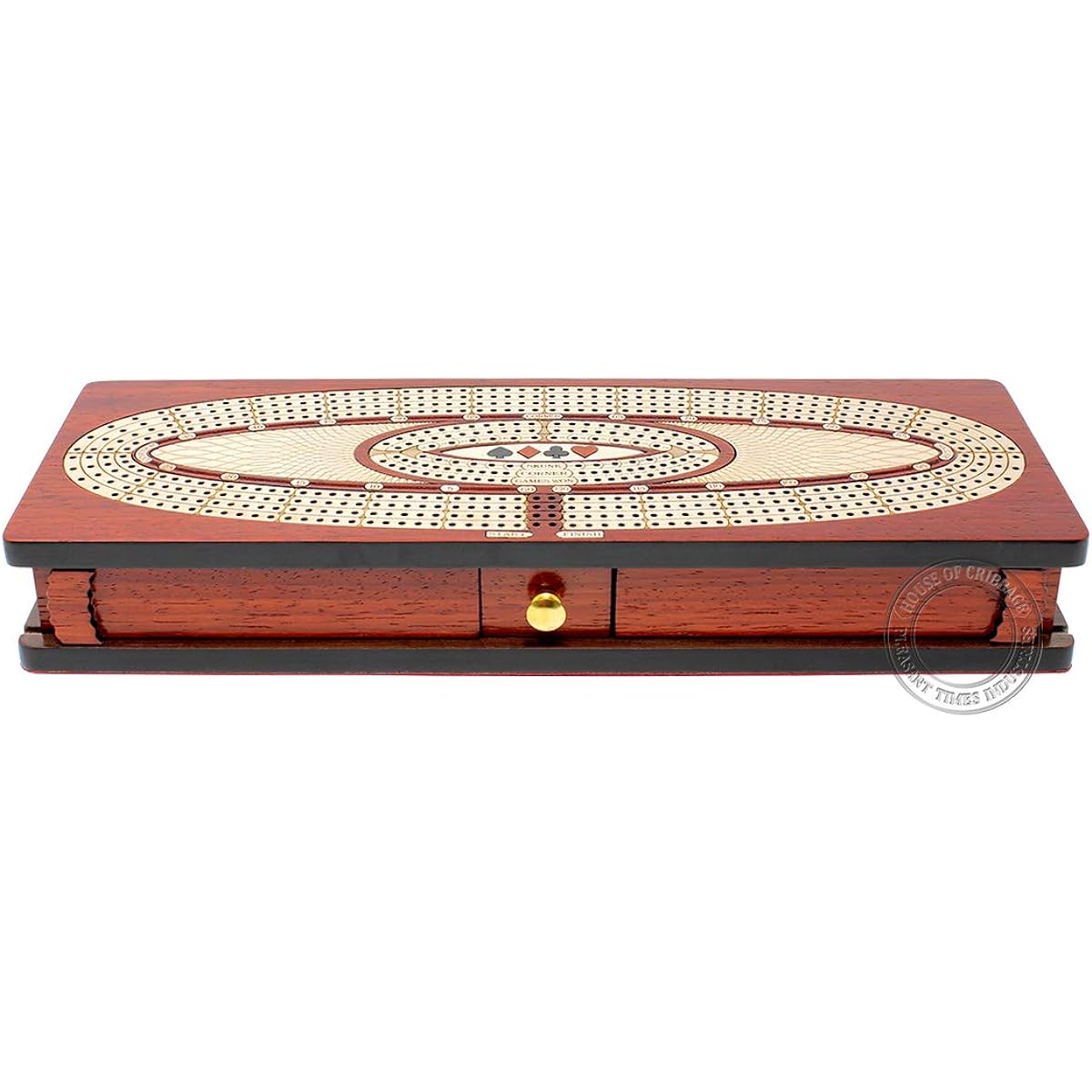 House of Cribbage - Continuous Cribbage Board / Box in Plaid Wood / Maple: 4 Tracks - Slide Lid, Drawers, Metal Pegs with Score Mark Fields for Skunk, Corner and Win Games