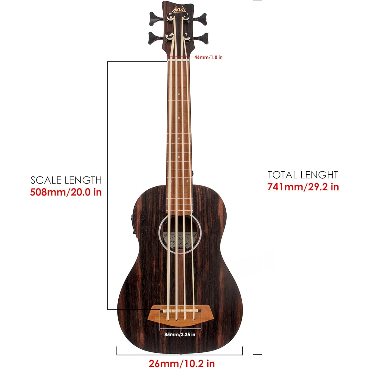 AKLOT Electric Bass Ukulele Baritone Fretless Ukulele Bass Ukulele 30 Inch Ebony African Blackwood Professional E-A-D-G with Gig Bag Strap for Beginners and Advanced Users