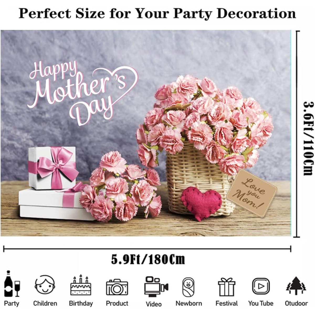Happy Mothers Day Banner Love Mom Banner Backdrop Pink Carnation Mother's Day Photo Background Celebration Best Mom Party Banner (70 x 45 Inch) (Pink)