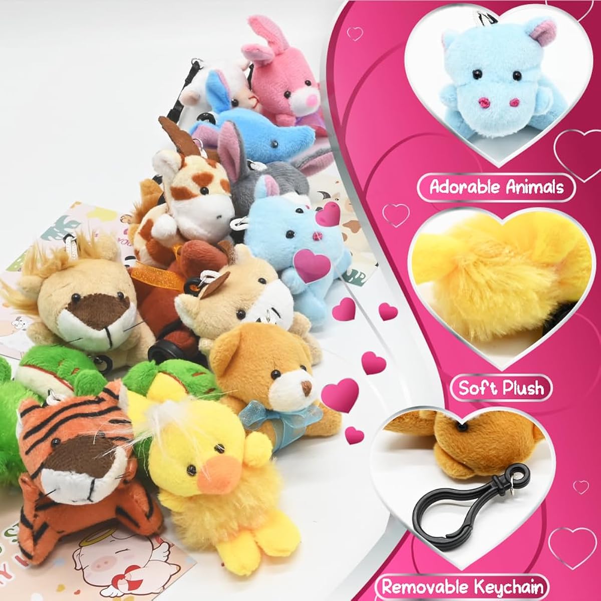 28pcs Valentine's Day Cards with Small Stuffed Animals Plush Toy Set Small Tiny Animal Stuffed Animal Keychain Valentine Exchange Cards for Kids Classroom School Exchange Prizes Valentine's Day Gifts